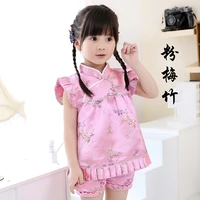 2021 new summer floral qipao childrens sets new year chinese dresses short pants cheongsam