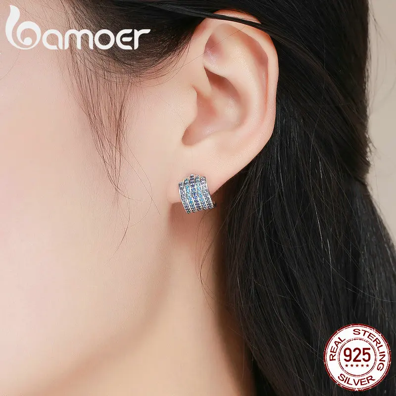 BAMOER, 925 пробы, серебро, постепенное изменение, голубой CZ, изысканные серьги-гвоздики для женщин, модные серьги, ювелирное изделие, подарок SCE285