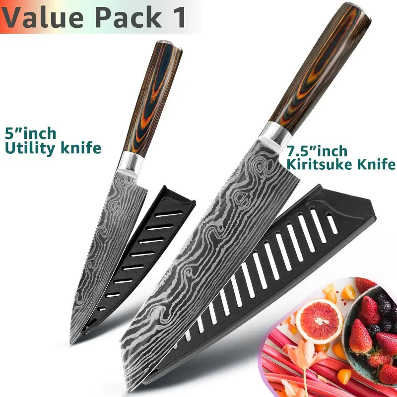 7.5 5 Value pack 1 Кухонный нож 7,5 дюймов 7CR17 440C поварские ножи из нержавеющей стали имитация Дамасского мяса Тесак слайсер Santoku 4 шт. набор инструментов - Цвет: 7.5 5 Value pack 1