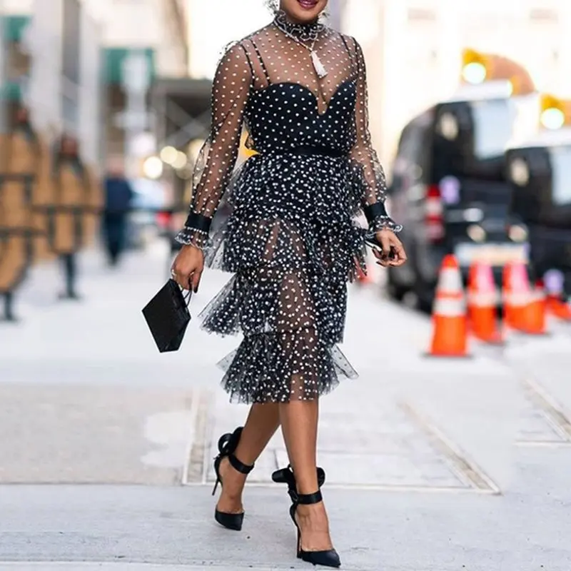 Летнее платье в горошек для женщин длинные рукава Многослойные оборки вечерние