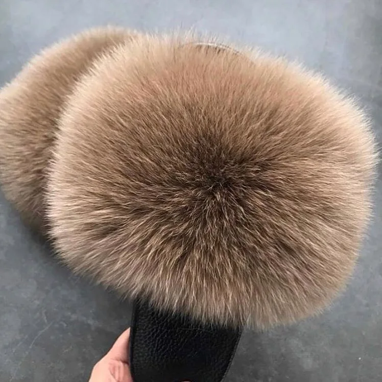 Real Fox Fur Slides Брендовые роскошные меховые тапочки; женские шлепанцы с натуральным лисьим мехом; домашние меховые плоские сандалии женские милые пушистые домашние туфли для женщин - Цвет: Real Fox Fur Slides