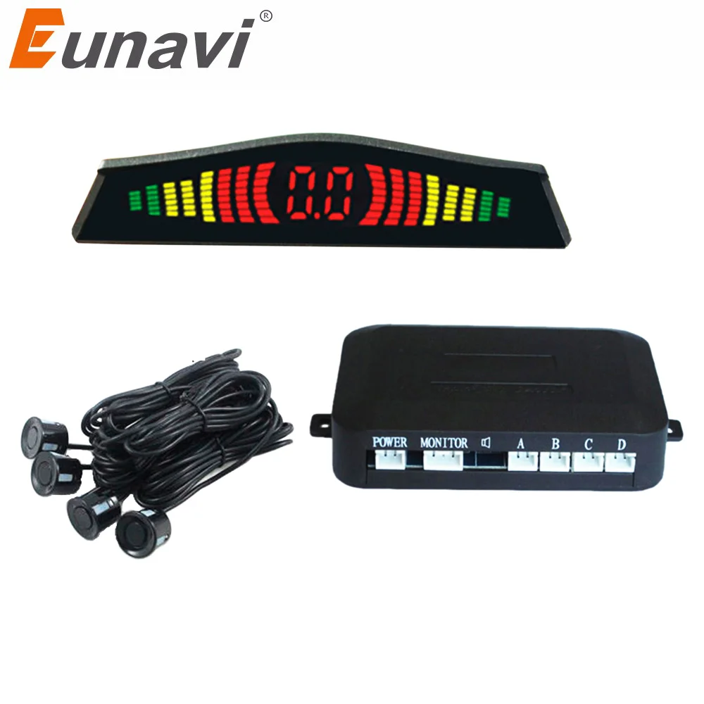

Eunavi Car LED Parking Sensor Kit With 4 Sensors Reverse Backup Car Parking Radar Monitor Detector System Backlight Display
