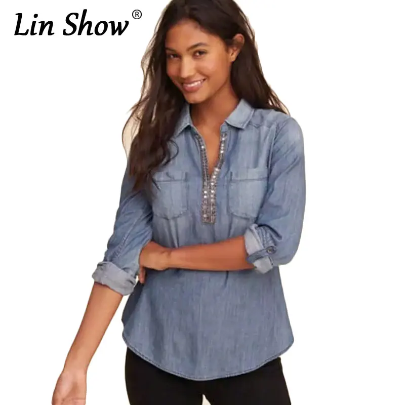 LINSHOW Джинсовые Блестки Женщины Блузки С Длинным Рукавом Нагрудные Твердые
