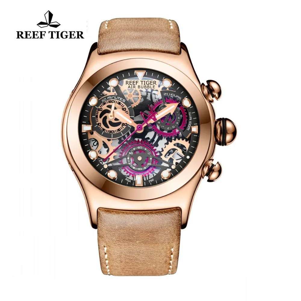 Мужские спортивные часы Reef Tiger/RT светящиеся кварцевые цвета розового золота с