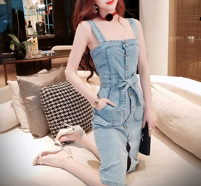 L&ampY Single Breasted Jeans Dress Women Vestidos Vintage Fashion Square Neck Pocket Bow Sexy Slit Slim Ladies Denim Summer | Женская