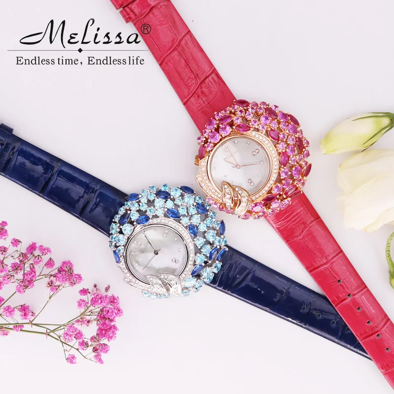 Роскошные женские часы с перламутром Melissa Стразы кристаллами модные кожаным