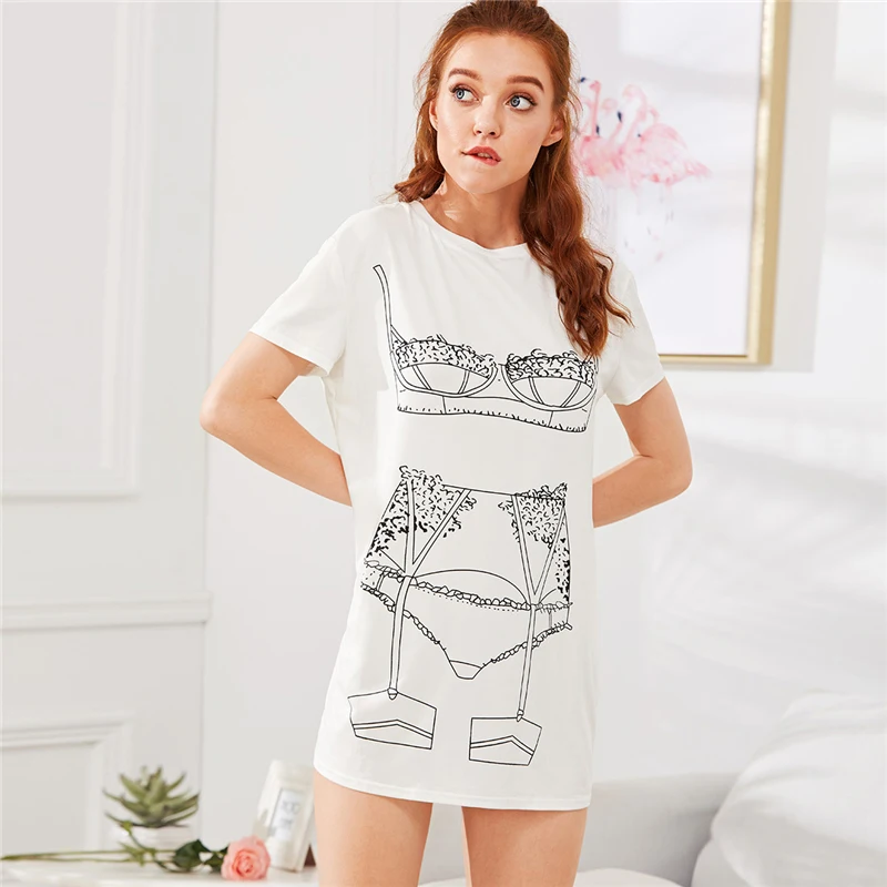 Dotfashion/комплект нижнего белья; Ночное Платье с принтом; летние Ночные рубашки с круглым вырезом и короткими рукавами; белые новые модные повседневные ночные рубашки для девочек