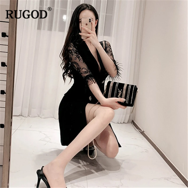 Женские блейзеры RUGOD черные двубортные с v-образным вырезом и кружевными рукавами