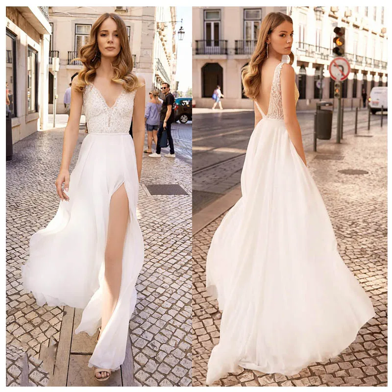 

LORIE Sexy Beach Wedding Dress For Girl Side Split Appliques Boho Bride Dress Backless V Neck Floor Length Chiffon Wedding Gown
