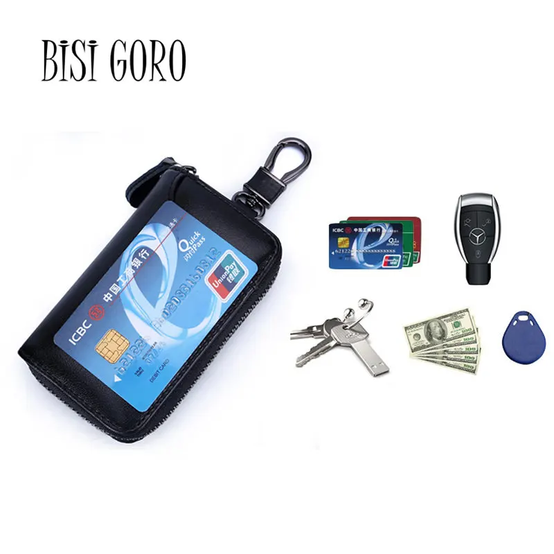 BISI GORO 2019 Multi Function Key Case Genuine Cow Leather Men &amp Women Car Wallets Zipper Bag Pouch Purse Credit Card | Багаж и сумки
