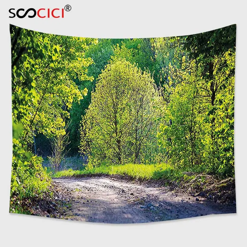 

Cutom Tapestry Wall Hanging,Spring Path in Forest by the Lake Sun Light Reflecting on Fresh Leaves Tranquil Image Lime Green