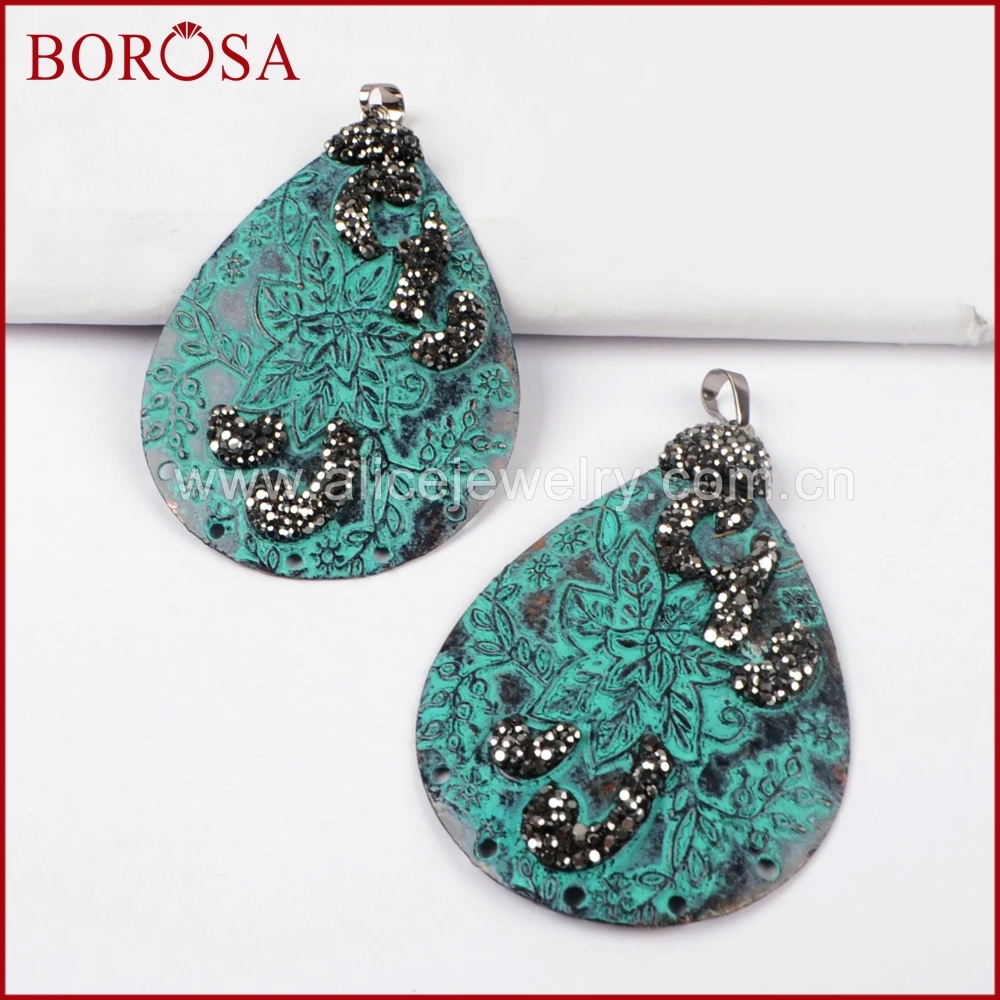 

BOROSA New Teardrop Shape Carved Bronze Pendant Bead With Crystal Rhinestone Paved, High Quality Drusy Pendant Jewelry JAB739