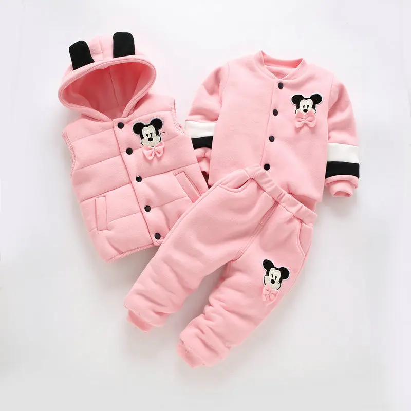 Children clothing sets baby boy &amp girls winter fashion cartoon mickey thicking Plus velvet hooded warm 3 pcs casual sport | Детская