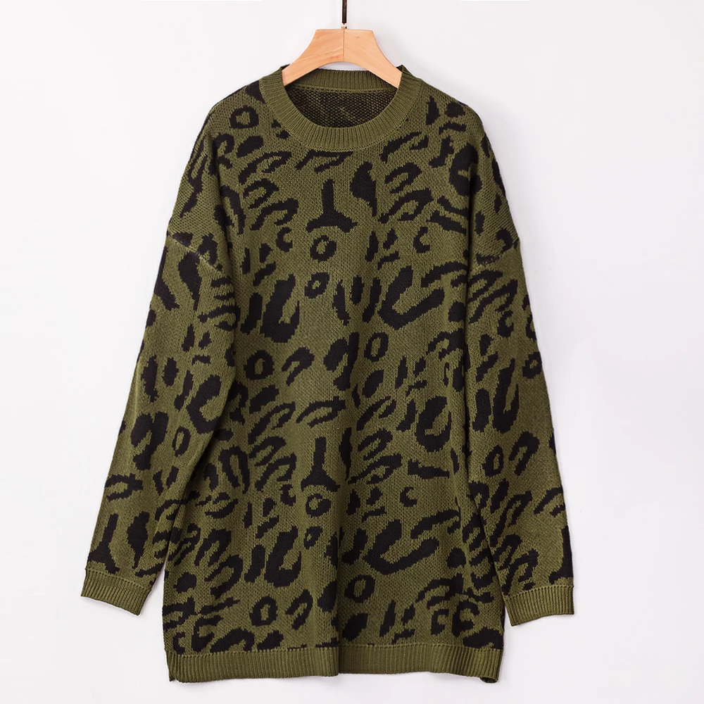 

Raisevern Leopard Long-sleeved Leopard Print Sweater New Style Round Neck Long Sleeve Medium Casaul Autumn/winter Women Sweaters