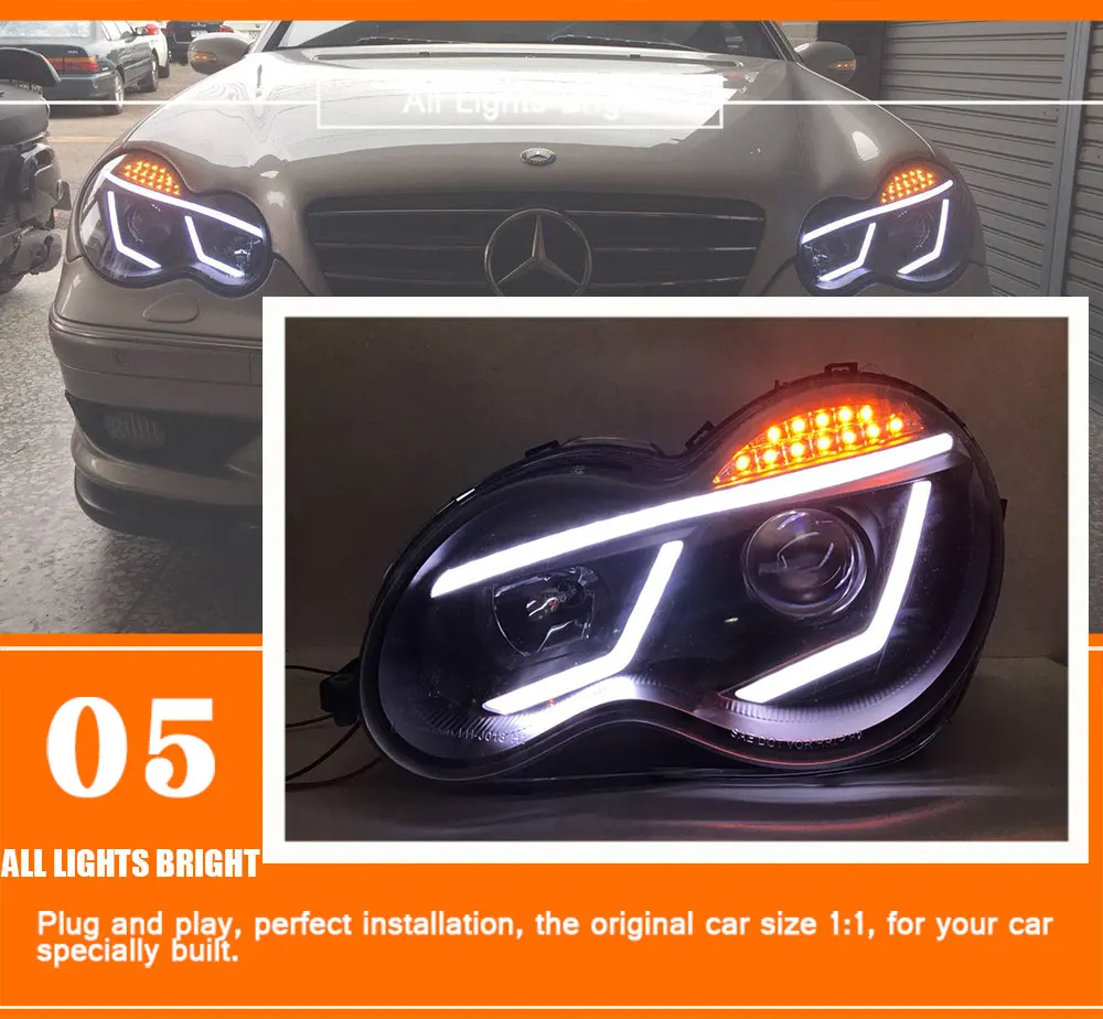 2 шт. автомобильный стиль светодиодный фары для Benz W203 c-класс 00-07 для W203 налобный фонарь светодиодный DRL Объектив двойной луч H7 HID Xenon bi xenon объектив