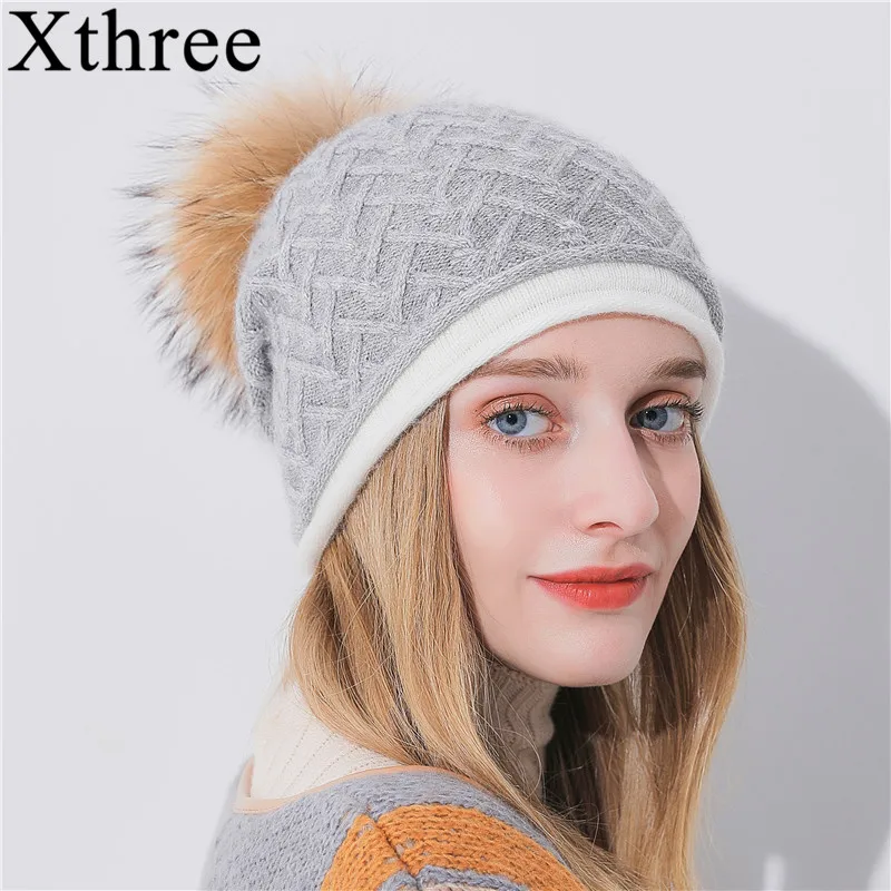 Шапка бини Xthree с помпоном из енота шапка для девочек вязаная кашемира и