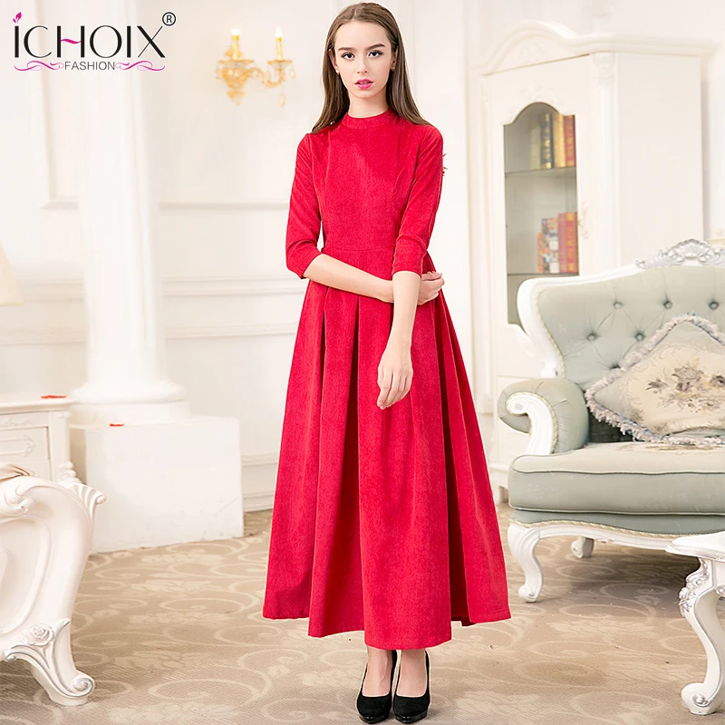 2017 осень-зима с круглым вырезом Элегантные Винтаж макси длинные платья