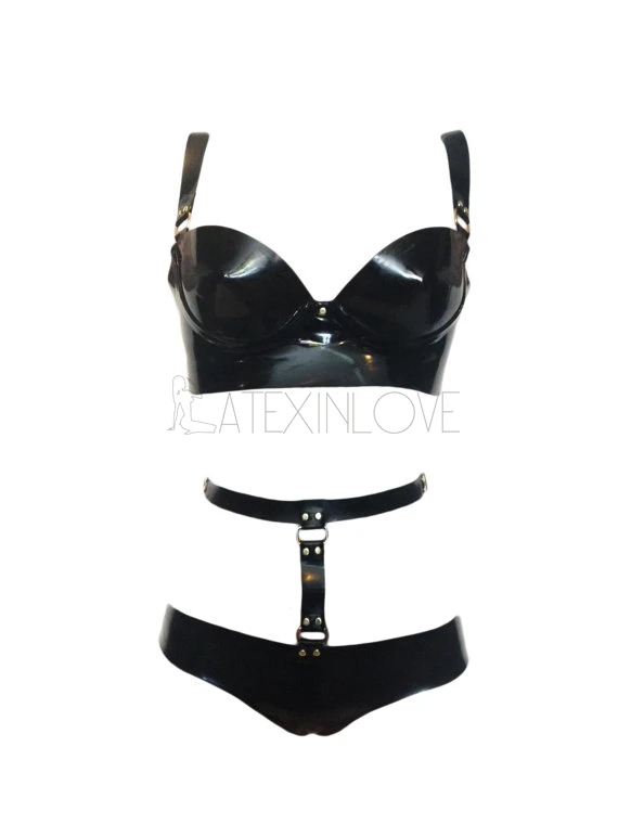 Сексуальная черная Женская фурнитура латексный комплект нижнего белья
