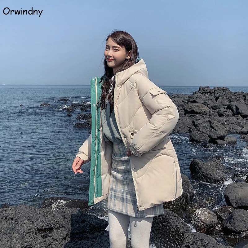 Orwindny/зимнее пальто для женщин; коллекция года; Узкие студенческие парки средней длины для девочек; плотная теплая одежда с капюшоном; Женская куртка с хлопковой подкладкой