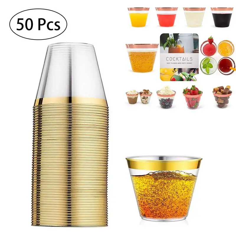 

50Pcs Disposable Plastic Cup Transparent Gold Bronzing Wedding Party Birthday Baby Shower Wine Juice Dessert Cups Party Supplies