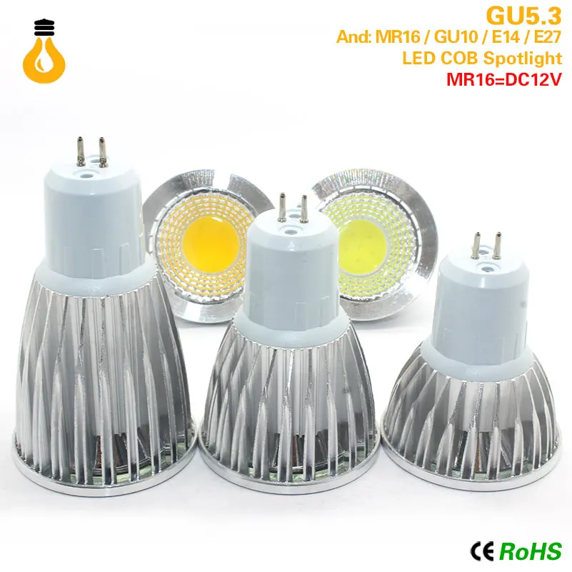Bombilla de foco MR16 E27 E14 GU10 GU5.3 COB затемнения 7 ваттов 9 12 светодиодный alta potencia luz caliente/blanco