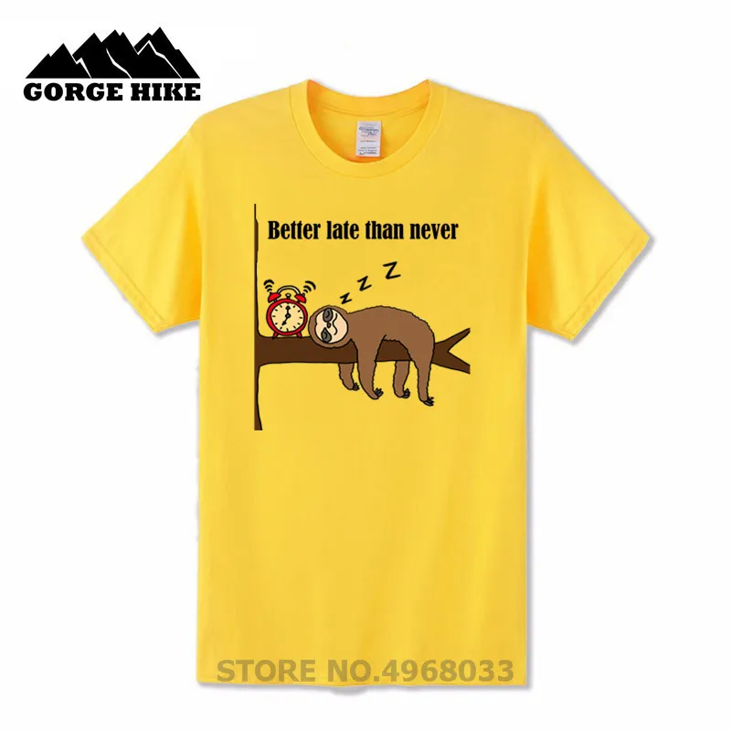 Funny Always Late Sleeping Sloth Cartoon Better Than Never T-shirt alarm clock Men Short Sleeve T shirt 100% Cotton Tshirt | Мужская