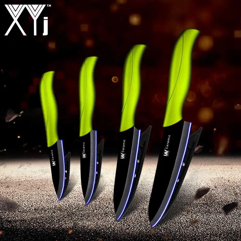 green black XYj набор керамических кухонных ножей высокого класса ABS+ TPR ручка " 4" " 6" циркониевое лезвие набор кухонных ножей и бесплатные крышки 4 шт - Цвет: green black