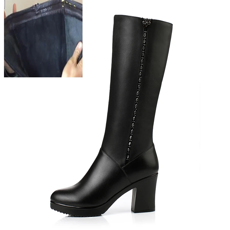 black fluff Женские зимние сапоги; коллекция года; сапоги из натуральной кожи; женские высокие сапоги на высоком каблуке; теплые зимние сапоги с шерстяной подкладкой; женская модная обувь - Цвет: black fluff