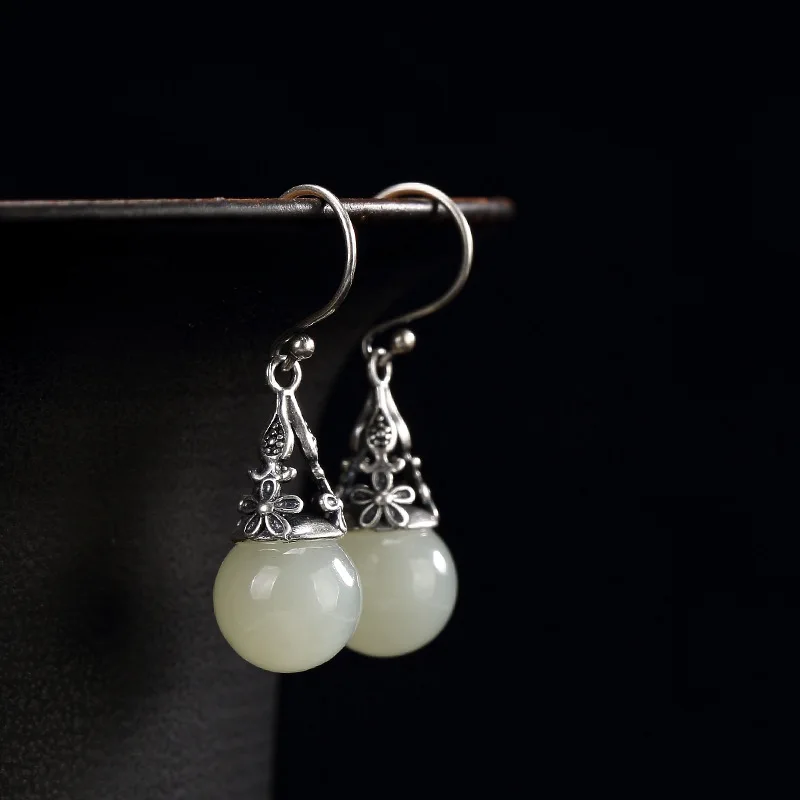 2018 реальная Акция юбилей Brinco S925 чистый антиквариат Mosaic и Tian Yu Jade Bead Plum Lady High-end Earrings