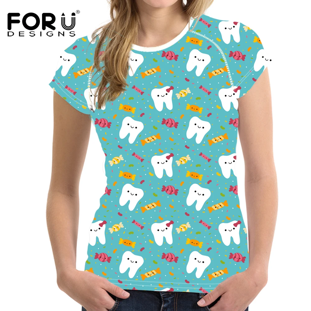 FORUDESIGNS/женская футболка с принтом стоматолога из мультфильма; брендовая одежда; топ с коротким рукавом; футболки для женщин; комфортные топы с круглым вырезом