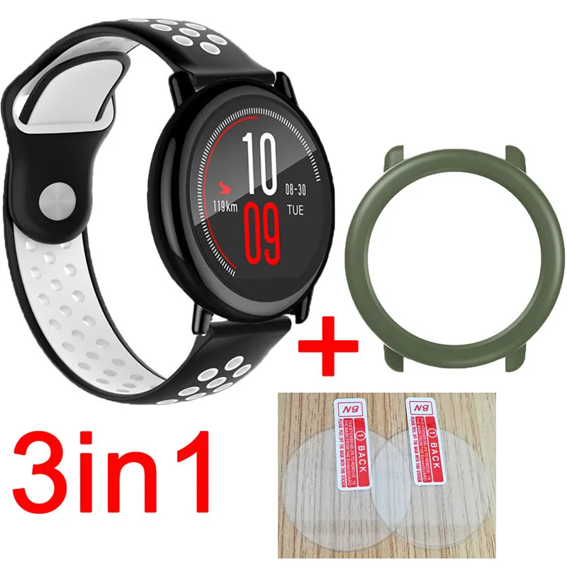 04 3в1 PC чехол+ Huami Amazfit pace ремешок Смарт часы дышащие силиконовые полосы браслет для xiaomi Huami Amazfit стекло экран - Цвет: 04