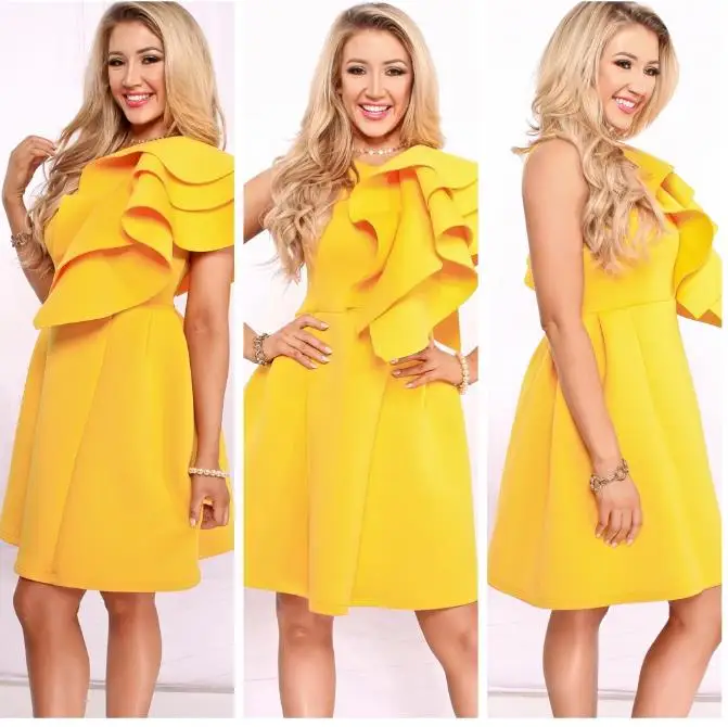 Женское трикотажное платье на одно плечо с рюшами желтое вечернее молнии новые