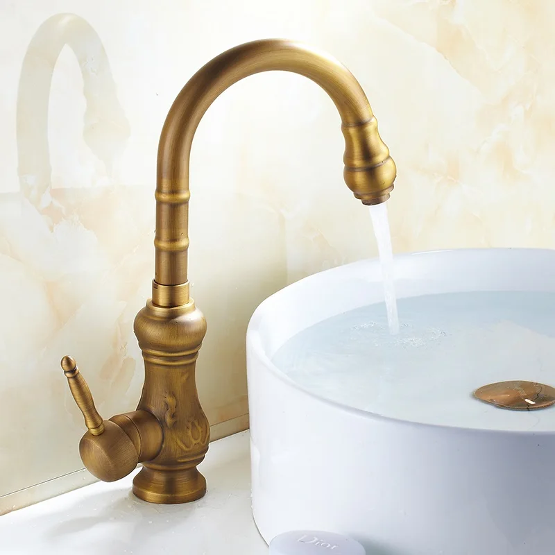Европейский медный ретро кран для горячей и холодной кухни вращающийся под
