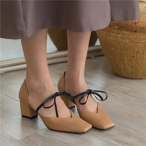 beige Женские туфли-лодочки mary jane из натуральной кожи в стиле ретро новые весенние женские Вечерние туфли на высоком толстом каблуке с квадратным носком высококачественные летние босоножки - Цвет: beige
