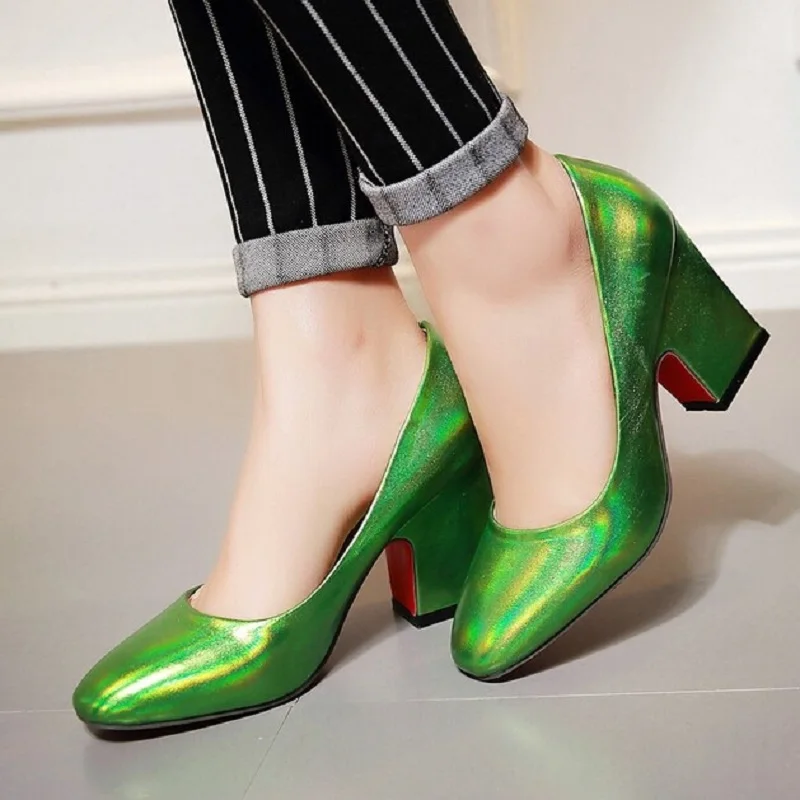 Brand Shoes Woman Thick High Heels Shallow Mouth Women Pumps Sexy Yellow Green Patent Leather Ladys Wedding Party Size 62 | Обувь