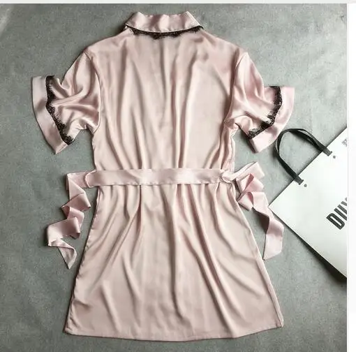 Женское атласное кружевное короткое платье однотонное кимоно банный халат