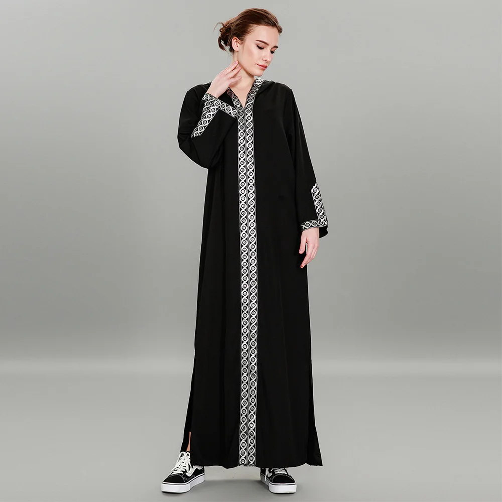 Мусульманская Мода Djellaba размера плюс с капюшоном джубба лоскутное Черное
