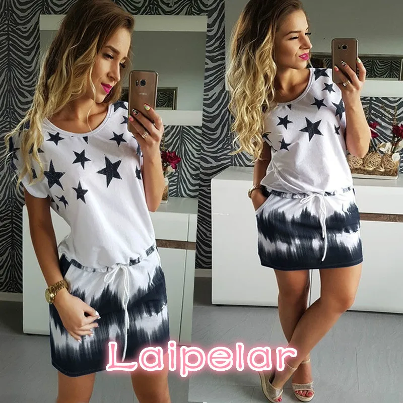 Летнее платье женское модное короткое с круглым вырезом и принтом звезды