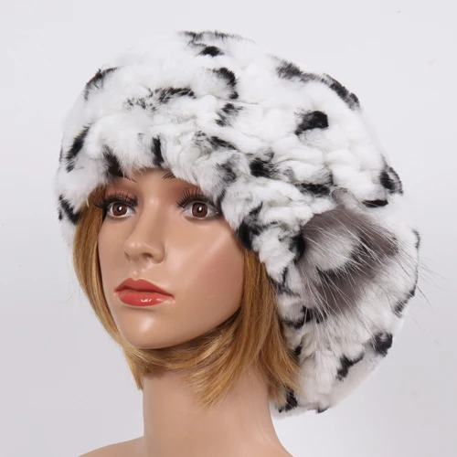 white and black 1 Новинка, настоящий мех кролика, шапочки, женская вязаная шапка, натуральный настоящий мех кролика, берет, шапки для девушек, зимние теплые шапки из натурального меха - Цвет: white and black 1