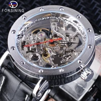 forsining silver case open work clock black red pointer black genuine leather belt automatic watches for men transparent watch