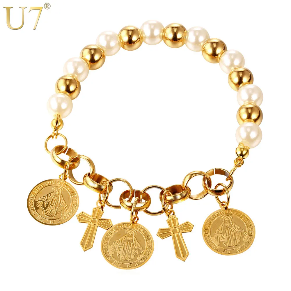 

U7 Strand Bracelet Gold Color Jesus piece Cross Charms Simulated White Pearl Christian Jewelry Bracelets For Women Gift H824