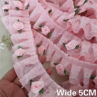 5cm wide pink lace fabric 3d flowers applique chiffon pleated collar ruffle trim embroidery laces ribbon diy crafts for sewing