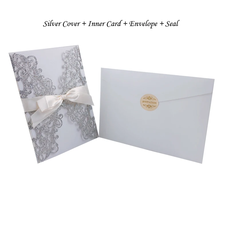 One Silver Set 1 шт. золотисто-синяя Серебристая блестящая бумага лазерная резка свадебные пригласительные открытки с лентой индивидуальный Свадебный декор вечерние принадлежности - Цвет: One Silver Set