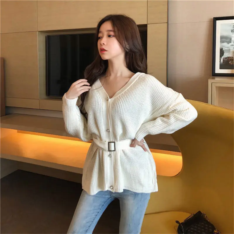 Женская вязаная куртка с поясом Повседневная Свободная кофта v-образным вырезом