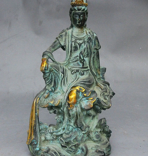 10 &quotСтарый китайский буддистский бронзовый позолоченный NanHai Free GuanYin Kwan-Yin статуя
