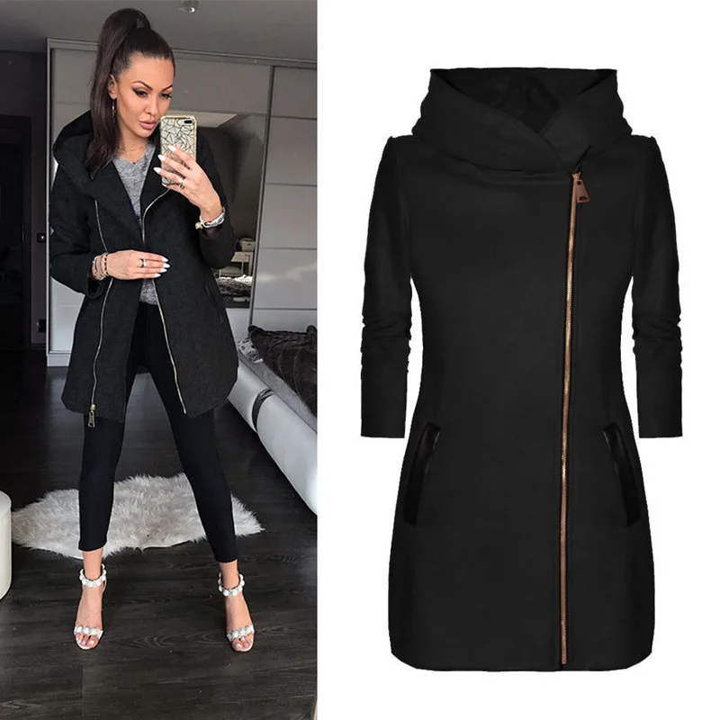 Женское пальто с капюшоном и теплое утепленное на молнии длинным рукавом верхняя