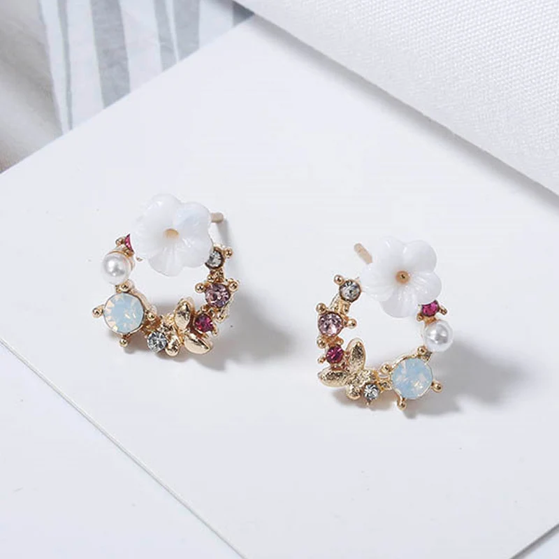

2018 new colorful Rhinestone crown earrings for women sweet flower Shell small circle wedding jewelry