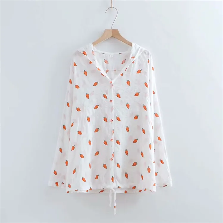Carrot Printed Cute Women Shirt Loose Hooded Top Femme Long Sleeve Thin Sun Protection Cardigan Casual Female Blouses New Blusa |