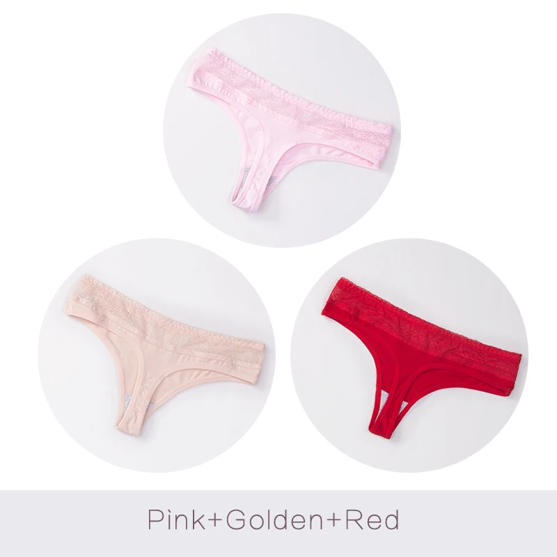 Pink Golden Red Женские сексуальные кружевные хлопковые стринги, удобные, с низкой талией, дышащие, с Т-образной спинкой, женское нижнее белье, 3 шт./лот, DULASI, фирменное нижнее белье - Цвет: Pink Golden Red