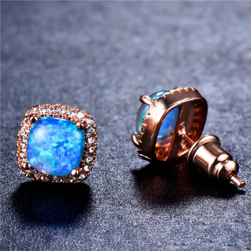 Женские серьги гвоздики Boho с голубым огненным опалом модные из розового золота